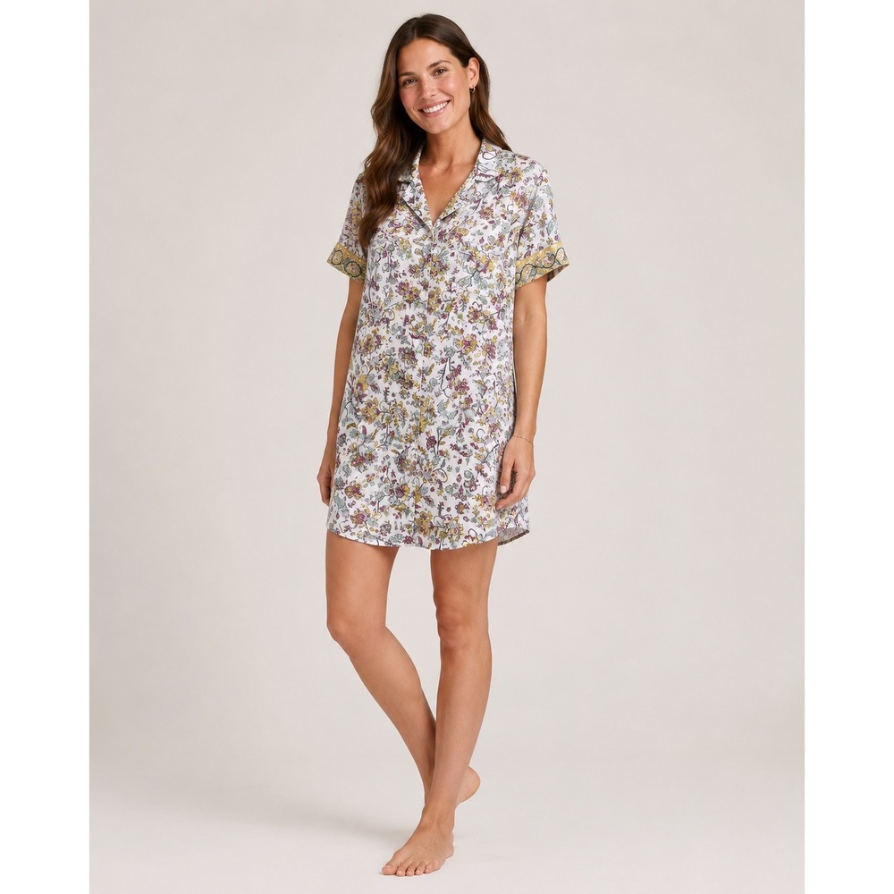 World Market Button Front Sleep Shirt Womens S/M White Floral Print Viscose